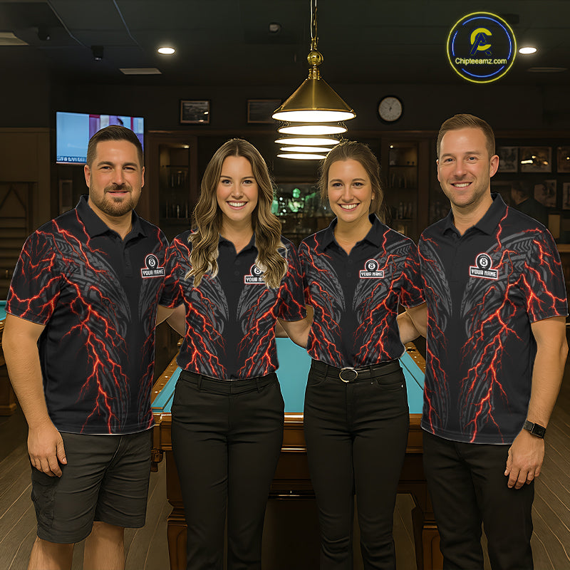 Men women billiard team wearing Thunder Lightning Tribal 8 Ball custom pool uniforms, professional team jerseys