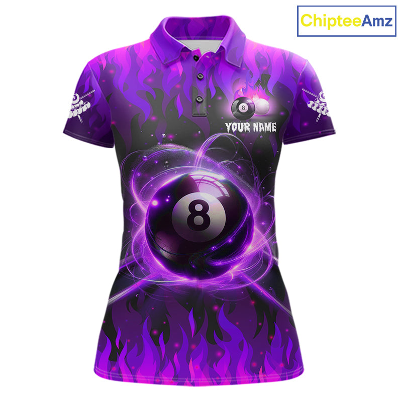 Purple 8 ball fire flame billiard polo shirt for women with custom pool team graphics.