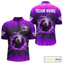 Load image into Gallery viewer, Purple 8 ball fire flame billiard quarter zip shirt for men designed for league tournaments and team events.