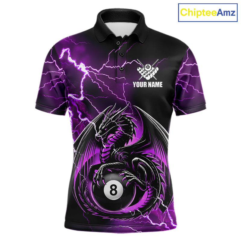 Purple thunder lightning dragon 8 ball billiard polo shirt for men with custom pool team graphics.