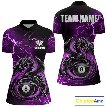 Purple thunder lightning dragon 8 ball billiard polo shirt for women with custom pool team graphics.