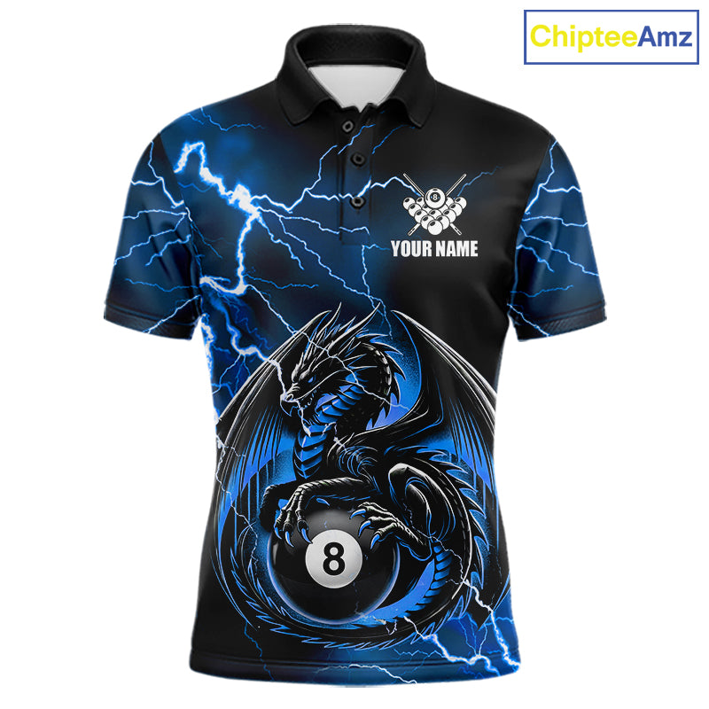 Blue thunder lightning dragon 8 ball billiard polo shirt for men with custom pool team graphics.
