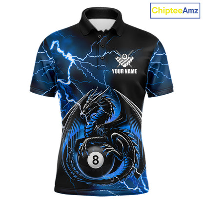 Blue thunder lightning dragon 8 ball billiard polo shirt for men with custom pool team graphics.