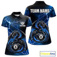 Load image into Gallery viewer, Blue thunder lightning dragon 8 ball billiard polo shirt for women with custom pool team graphics.