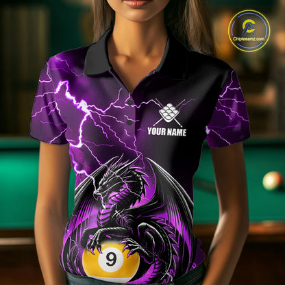 Woman wearing a purple thunder lightning dragon 9 ball billiard jersey beside a pool table front view.
