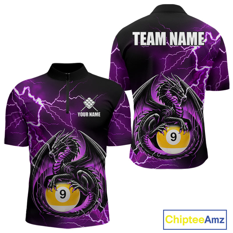 Purple thunder lightning dragon 9 ball billiard quarter zip shirt for men designed for league tournaments and team events.