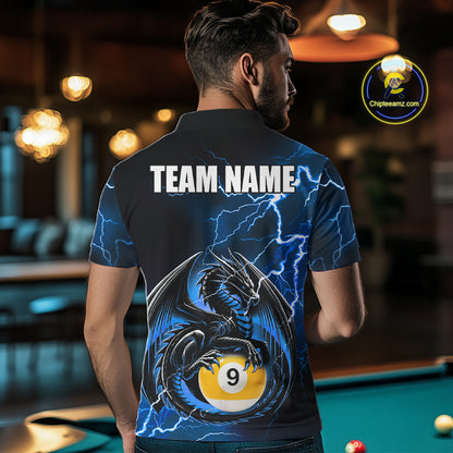 Back view of man wearing a blue thunder lightning dragon 9 ball pool shirt in a billiards hall.