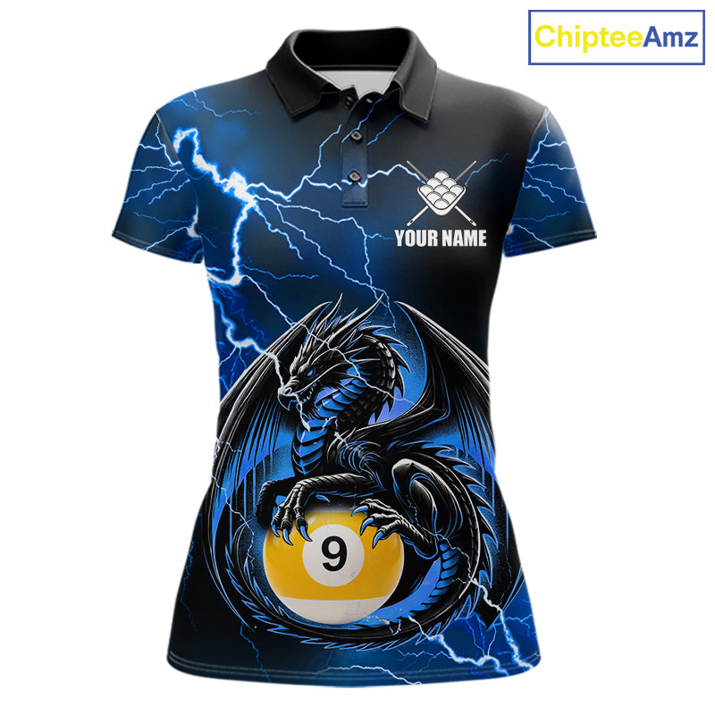Blue thunder lightning dragon 9 ball billiard polo shirt for women with custom pool team graphics.