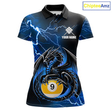Load image into Gallery viewer, Blue thunder lightning dragon 9 ball billiard polo shirt for women with custom pool team graphics.