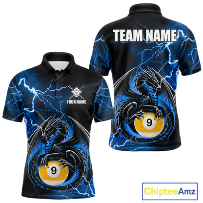 Blue thunder lightning dragon 9 ball billiard polo shirt for men with custom pool team graphics.