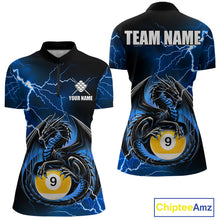 Load image into Gallery viewer, Blue thunder lightning dragon 9 ball billiard quarter zip shirt for women designed for league tournaments and team events.