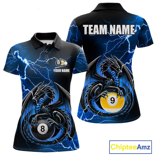 Blue thunder lightning dragon 8 ball and 9 ball billiard polo shirt for women with custom pool team graphics.