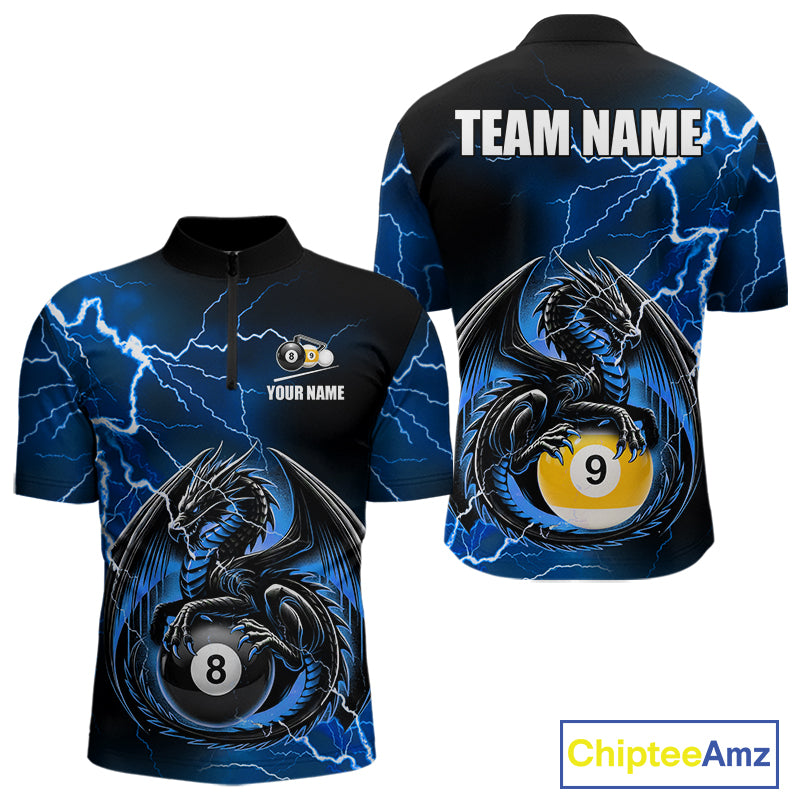 Blue thunder lightning dragon 8 ball and 9 ball billiard quarter zip shirt for men designed for league tournaments and team events.
