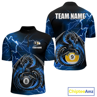 Blue thunder lightning dragon 8 ball and 9 ball billiard quarter zip shirt for men designed for league tournaments and team events.
