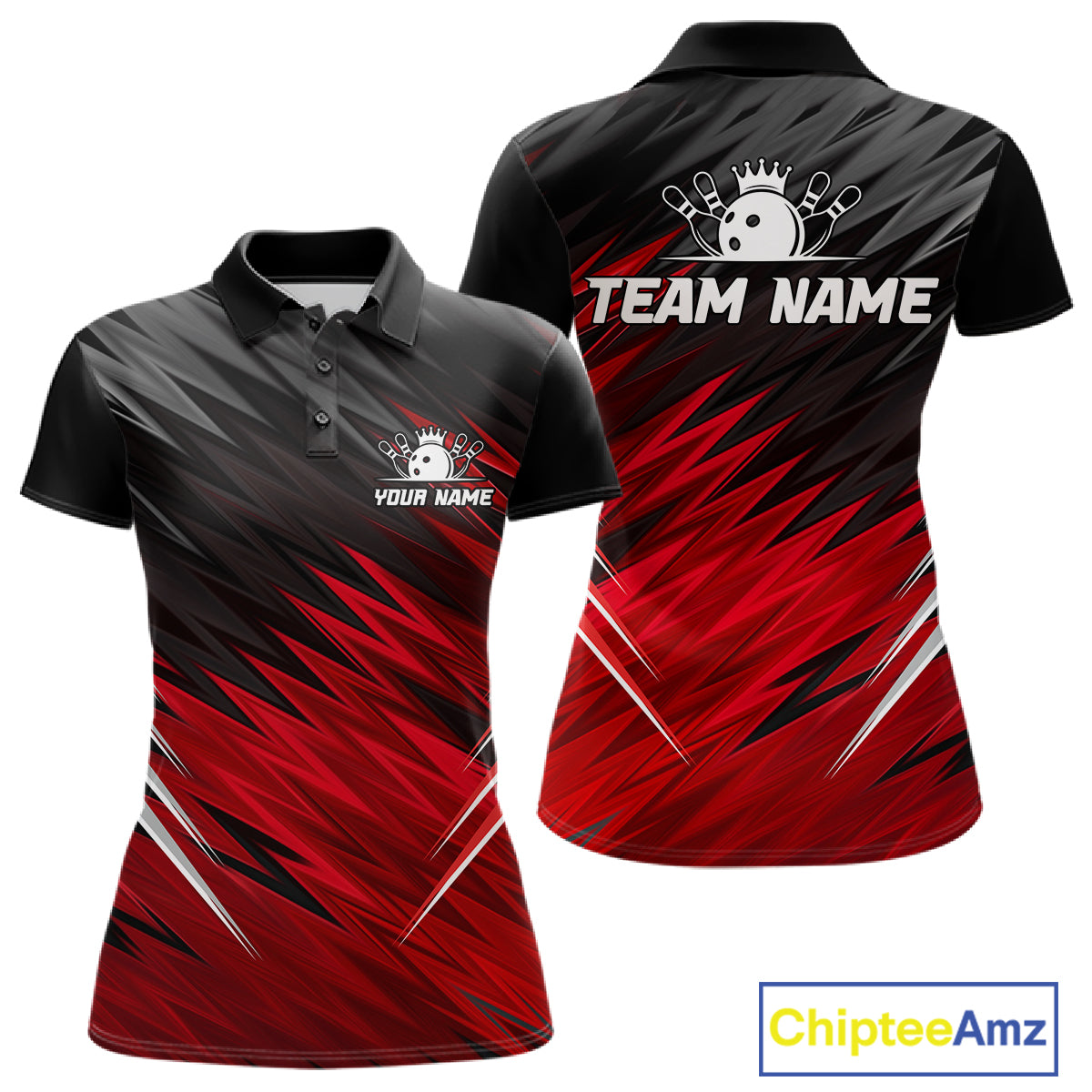 Personalized black and red bowling team jersey polo shirt for women featuring a modern black and red bowling design, premium custom bowling league apparel for tournaments and team play.