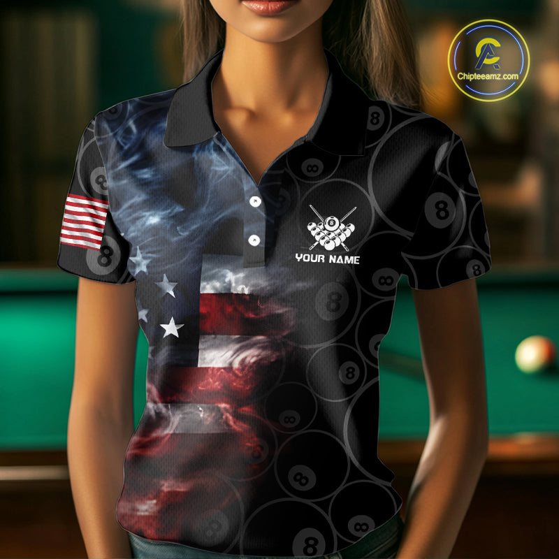 Smoke American Flag Billiard Polo & Quarter Zip For Women Custom Patriotic 8 Ball Pool Team Jersey TDM4832