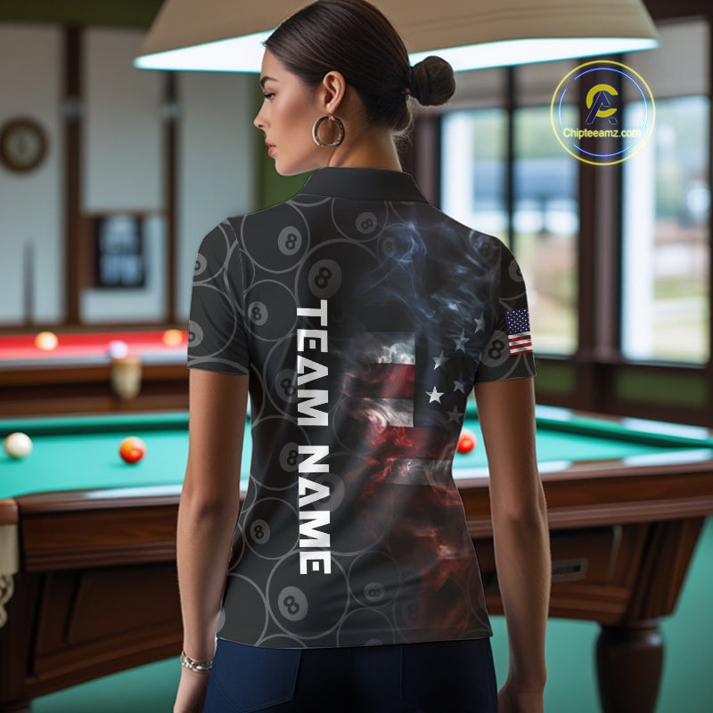 Smoke American Flag Billiard Polo & Quarter Zip For Women Custom Patriotic 8 Ball Pool Team Jersey TDM4832