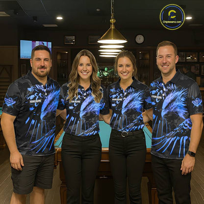 Custom Black And Blue 8 Ball Pool Eagle Paint Billiard Shirts For Women Team League Billiard Jerseys TDM5522