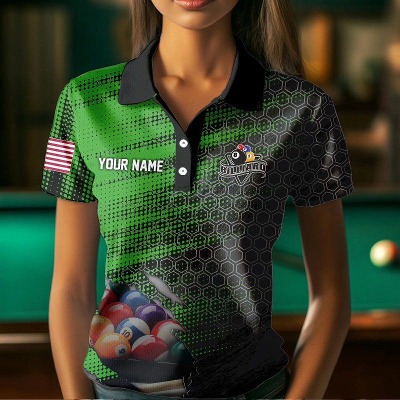 Green And Black Billiard Polo & Quarter-Zip Shirts For Women Custom Billiard Team Shirts Pool Jerseys TDM3474