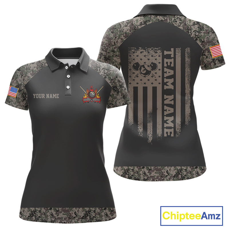 Personalized Retro Camo US Flag Billiard Shirt For Women Custom Pool Team Jersey Polo & 1/4 Zip TDM5793