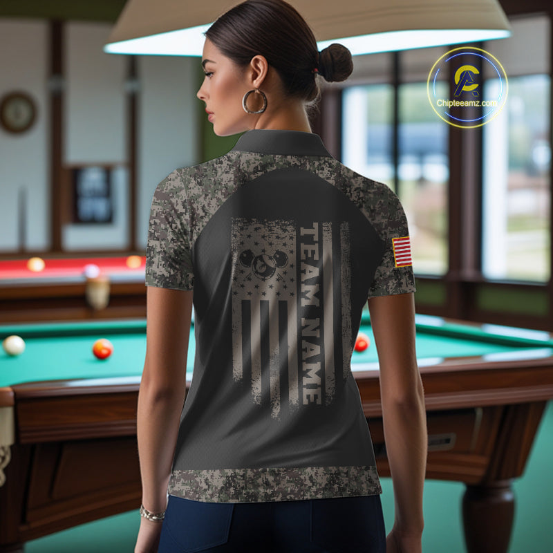 Personalized Retro Camo US Flag Billiard Shirt For Women Custom Pool Team Jersey Polo & 1/4 Zip TDM5793