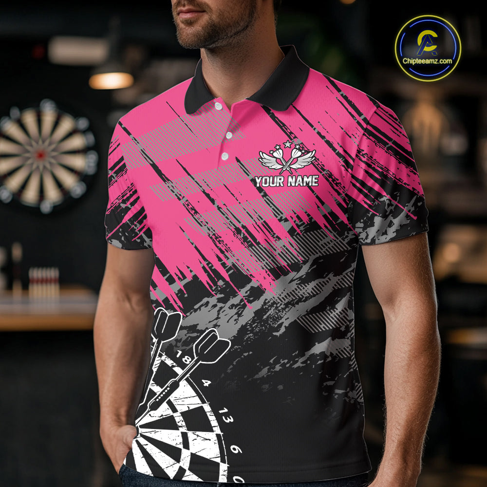 Pink Black Grunge Dart Shirts For Men Custom Dart Jersey With Pocket Option TDM6381