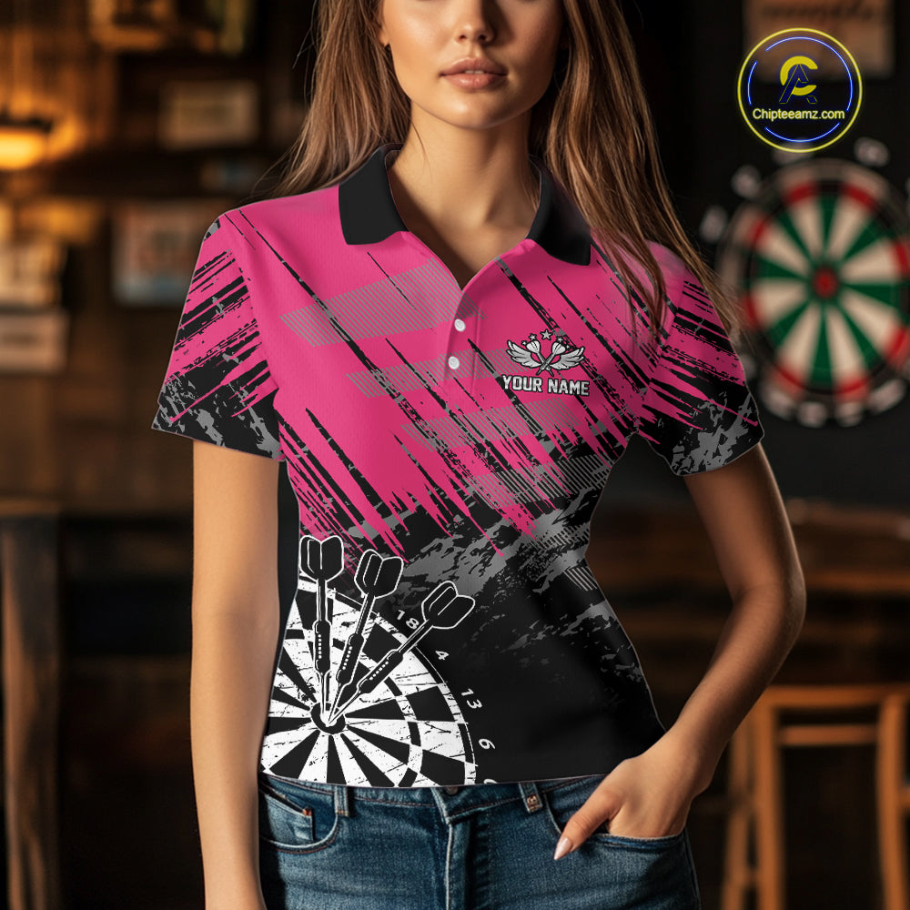 Pink Black Grunge Dart Shirts For Women Custom Dart Jersey With Pocket Option TDM6381