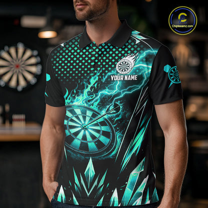 Customized Turquoise Flame Lightning Icy Darts Shirt For Men, Darts Team Jersey Polo & Quarter Zip TDM6579