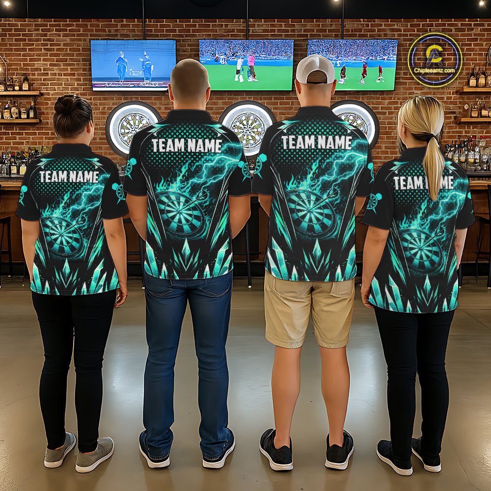 Customized Turquoise Flame Lightning Icy Darts Shirt For Men, Darts Team Jersey Polo & Quarter Zip TDM6579