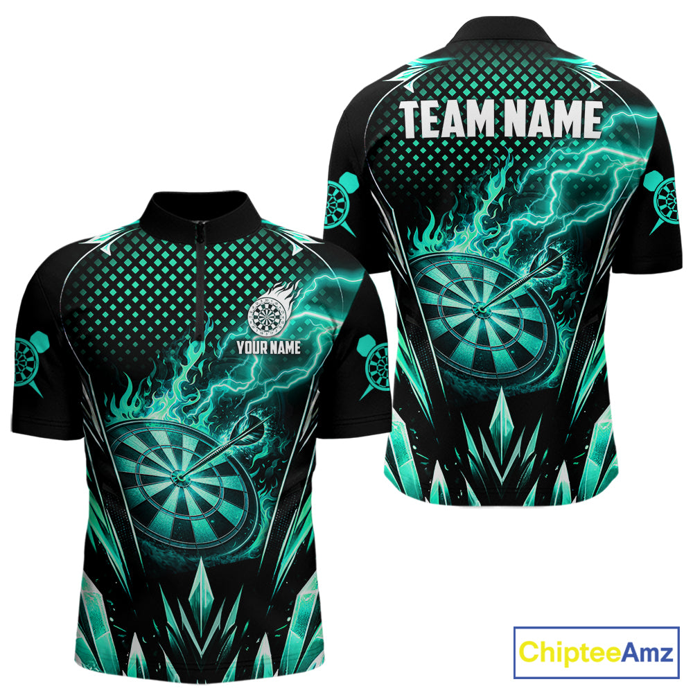 Customized Turquoise Flame Lightning Icy Darts Shirt For Men, Darts Team Jersey Polo & Quarter Zip TDM6579