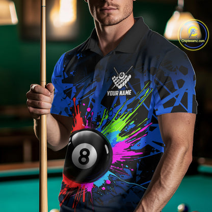 Colorful 8 Ball Pool Billiard Jersey For Men Custom Billiard Team Shirts Polo & Quarter Zip | Blue TDM6582