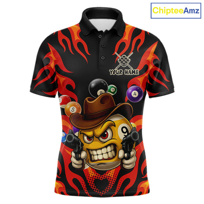 Red funny flame 9 ball billiard polo shirt for men with custom pool team graphics.