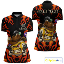Load image into Gallery viewer, Red funny flame 9 ball billiard quarter zip shirt for women designed for league tournaments and team events.