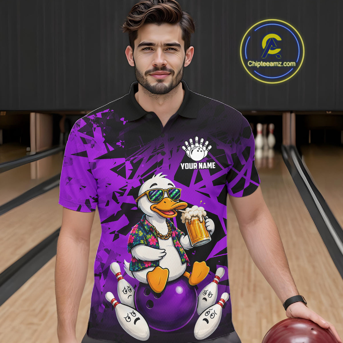 Man wearing personalized purple funny duck beer bowling team jersey polo shirt featuring funny duck beer artwork, front view.