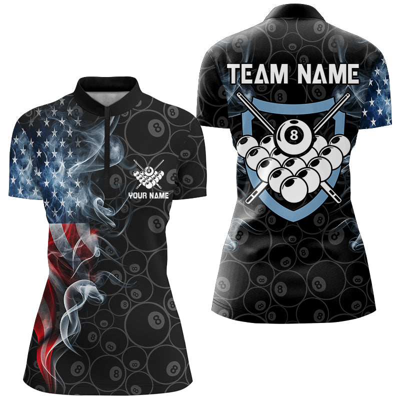 American Flag Smoke Custom Women Billiard Polo & 1/4 Zip Shirts, Patriotic Billiard Pool Team Jerseys TDM2815