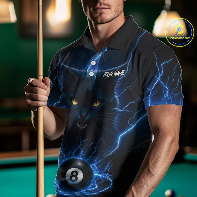 Blue 8 Ball Thunder Lightning Cat Billiard Shirt For Men Custom Pool Team Jersey Polo & 1/4 Zip TDM5065