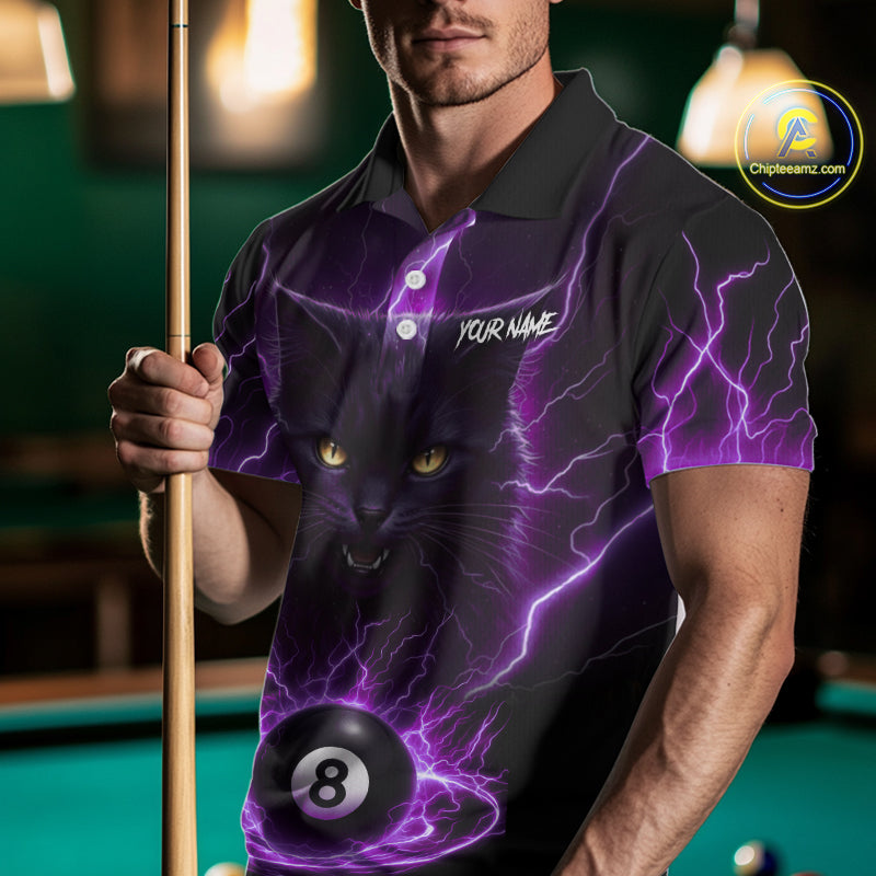 Purple 8 Ball Thunder Lightning Cat Billiard Shirt For Men Custom Pool Team Jersey Polo & 1/4 Zip TDM5066