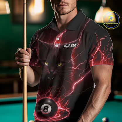 Red 8 Ball Thunder Lightning Cat Billiard Shirt For Men Custom Pool Team Jersey Polo & 1/4 Zip TDM5067
