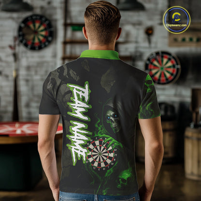 Green Grim Reaper Flame Darts Shirt For Men Custom Skull Darts Jersey Team Polo & Quarter Zip TDM5531