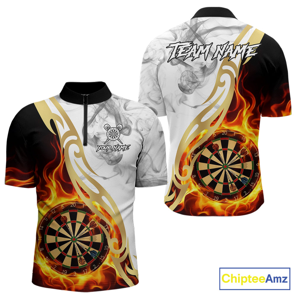 Personalized Flame Smoke Tribal Darts Shirt For Men Custom Golden Darts Jersey Team Polo & 1/4 Zip TDM5537