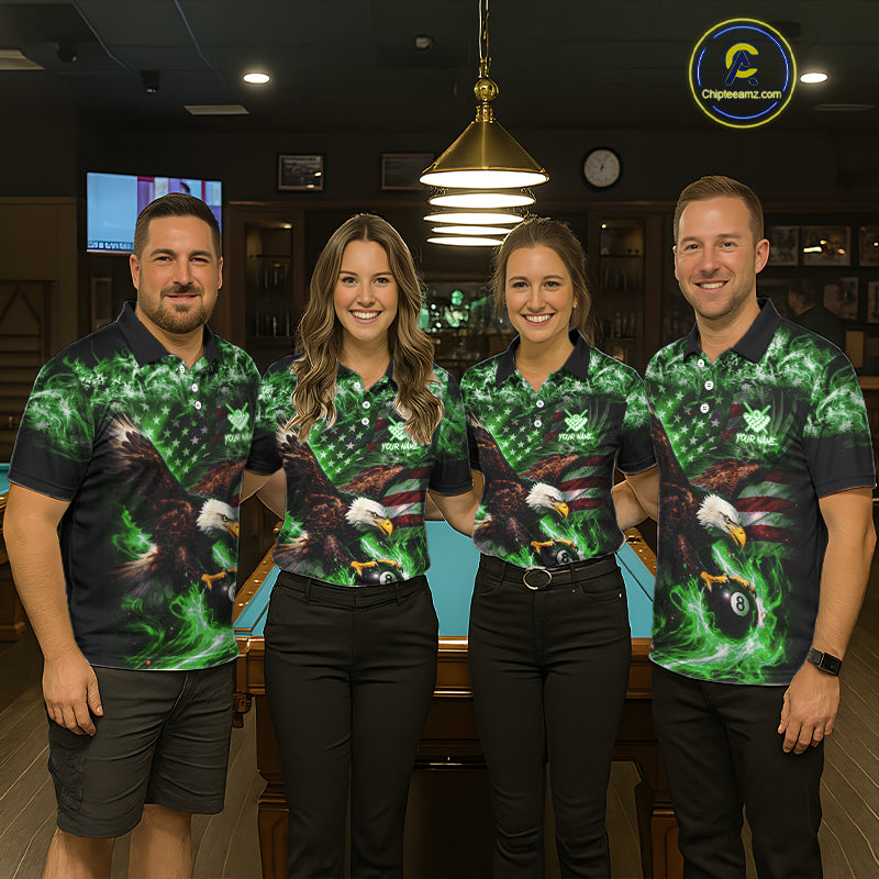 Green Flaming Eagle 8 Ball Billiard Shirt For Women Custom US Flag Pool Team Jersey Polo & 1/ 4 Zip TDM6153