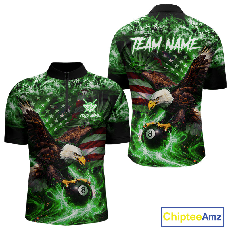 Green Flaming Eagle 8 Ball Billiard Shirt For Men Custom US Flag Pool Team Jersey Polo & 1/ 4 Zip TDM6153