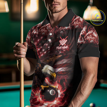 Red Flaming Eagle 8 Ball Billiard Shirt For Men Custom US Flag Pool Team Jersey Polo & 1/ 4 Zip TDM6154