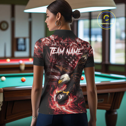 Red Flaming Eagle 8 Ball Billiard Shirt For Women Custom US Flag Pool Team Jersey Polo & 1/ 4 Zip TDM6154