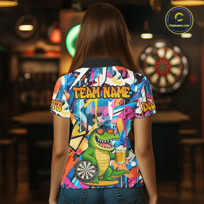 Funny Alligator Colorful Graffiti Darts Shirt For Women Custom Darts Team Jersey Polo & 1/4 Zip TDM6392