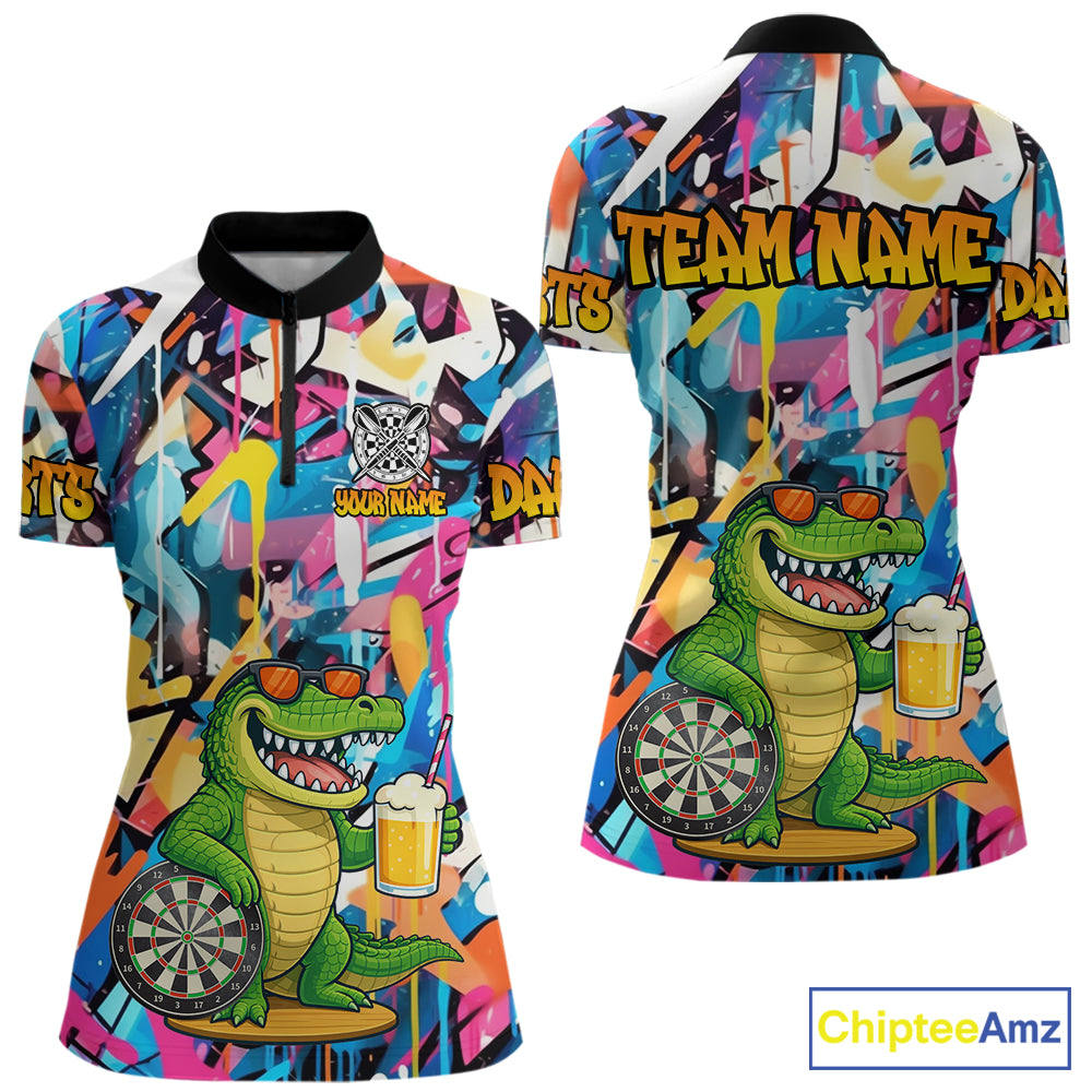 Funny Alligator Colorful Graffiti Darts Shirt For Women Custom Darts Team Jersey Polo & 1/4 Zip TDM6392
