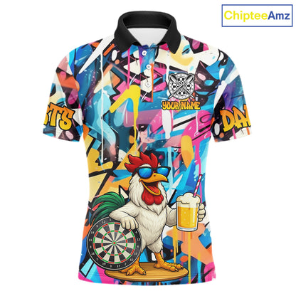Funny Rooster Colorful Graffiti Darts Shirt For Men Custom Darts Team Jersey Polo & 1/4 Zip TDM6395