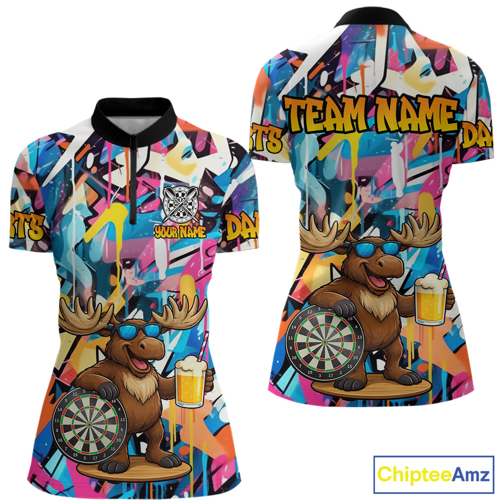Funny Moose Colorful Graffiti Darts Shirt For Women Custom Darts Team Jersey Polo & 1/4 Zip TDM6397