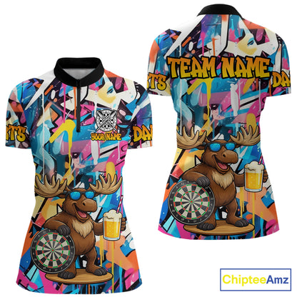 Funny Moose Colorful Graffiti Darts Shirt For Women Custom Darts Team Jersey Polo & 1/4 Zip TDM6397