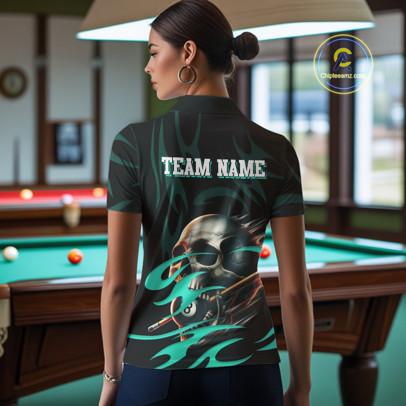 Turquoise Funny Skull 8 Ball Pool Shirt For Women Custom Billiard Team Jersey Polo & 1/4 Zip TDM4424
